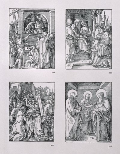 「小さな情熱」シリーズ（時計回り）：Ecce Homo;手を洗うピラト;十字架を負うキリスト。セントベロニカとスダリウムの間。ピーターとポール、1510年、パブ。 1511 作： Albrecht Dürer